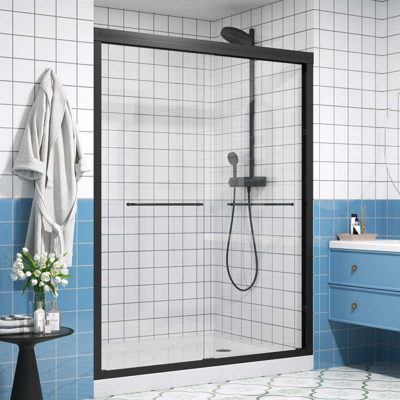 Half Frameless Double Sliding Glass Shower Door, 1/4 Inch (6Mm) Clear Tempered Glass With Safety Film, Matte Black, 44-48" W X 72" H | Gift Idea