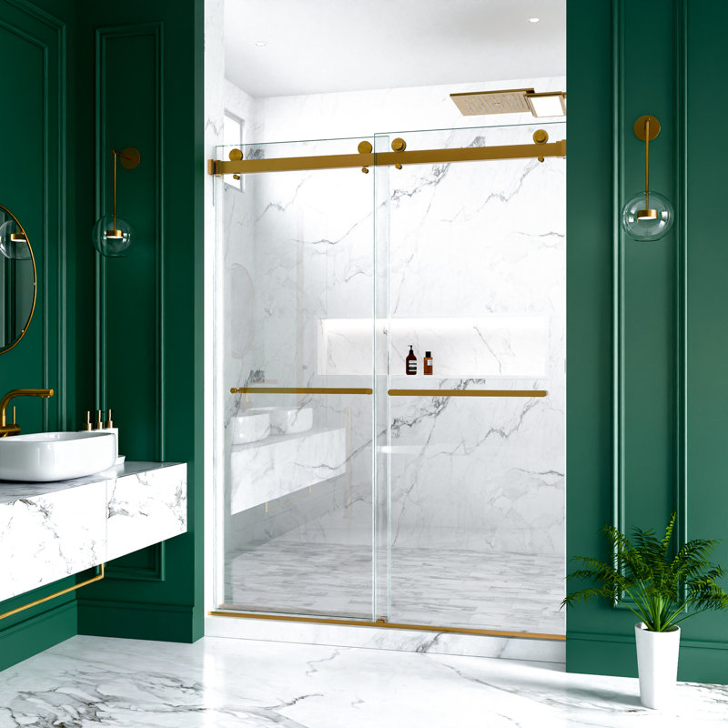 Porte de douche coulissante double de 56 à 60 po de largeur, verre trempé de 10 mm de 3/8 po, or brossé, conception d'ouverture réversible, système imperméable brisé amélioré, fabrication en acier inoxydable 304 réglable de 80 po