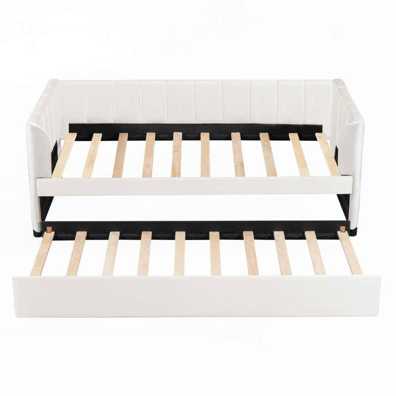 Nadwa Twin Size Upholstered Daybed with Ergonomic Design Backrest and Trundle, Beige
