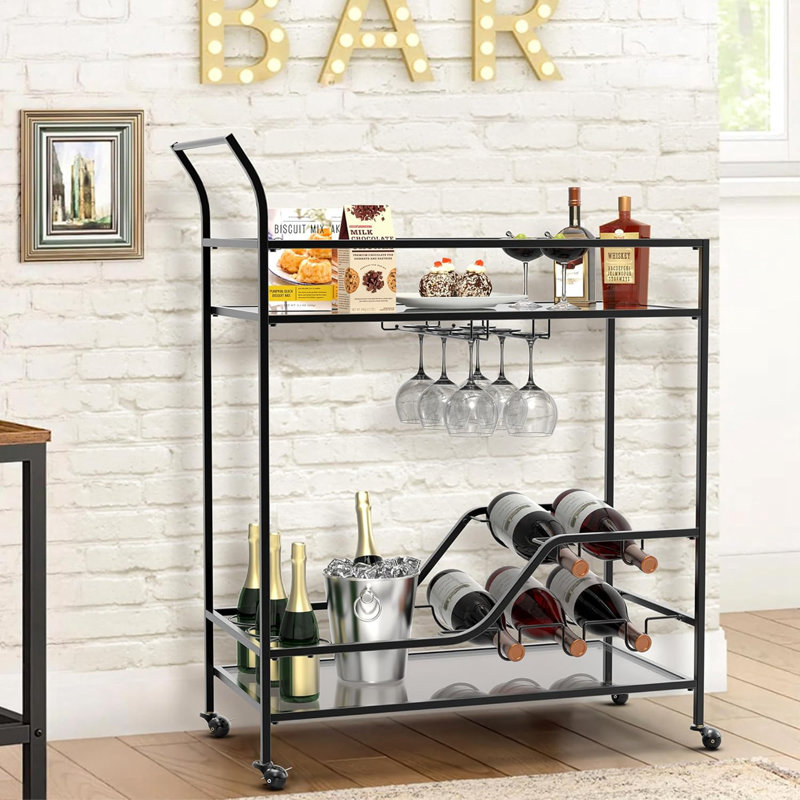 Chariot-bar en métal avec tablettes en miroir Konni