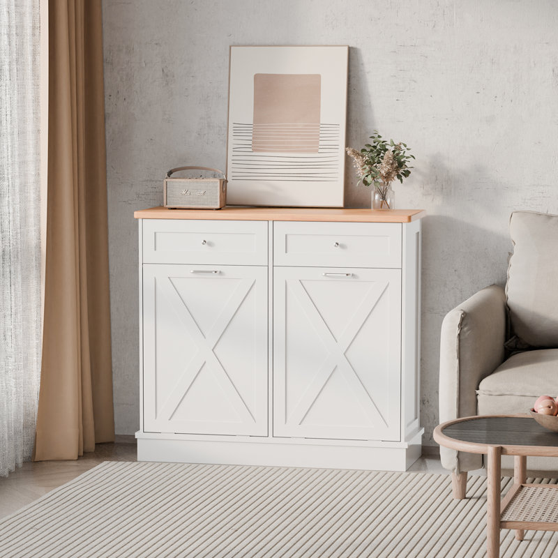 White Rubberwood Double Tilt-Out Kitchen Cabinet with Drawers