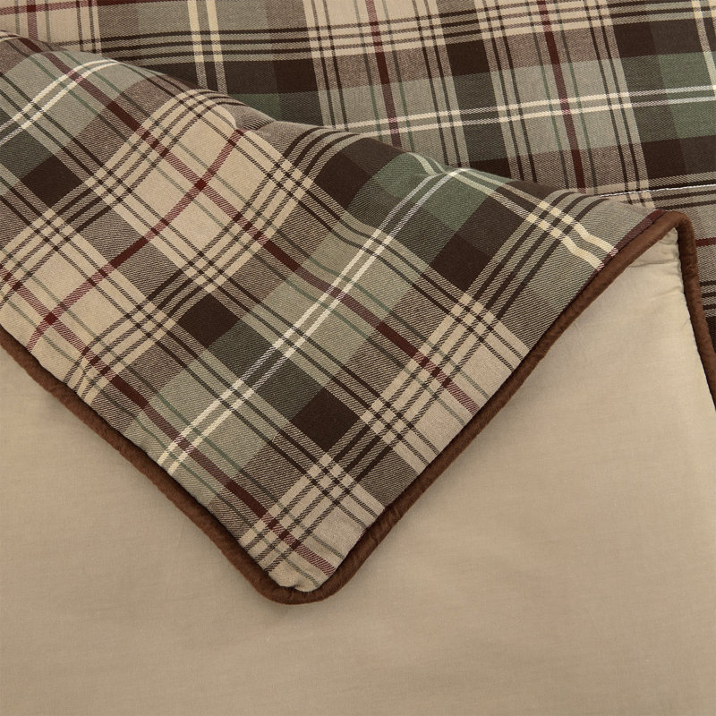 Twin Brown Cotton Plaid Comforter Set with Textured Accents