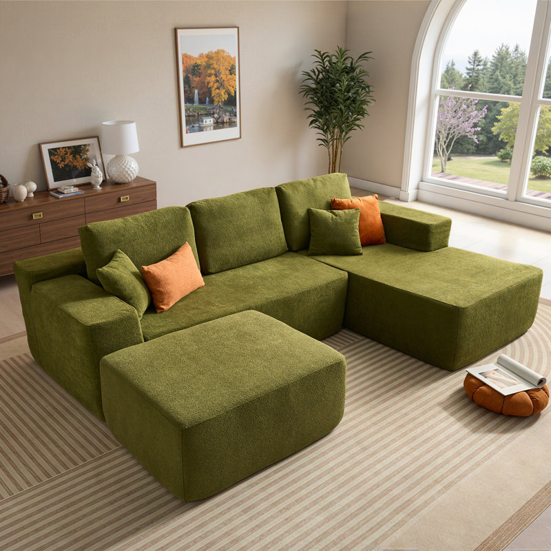 Canapé modulaire en forme de L avec repose-pieds 106 po 106 po, Velours côtelé crème, Orienté à droite