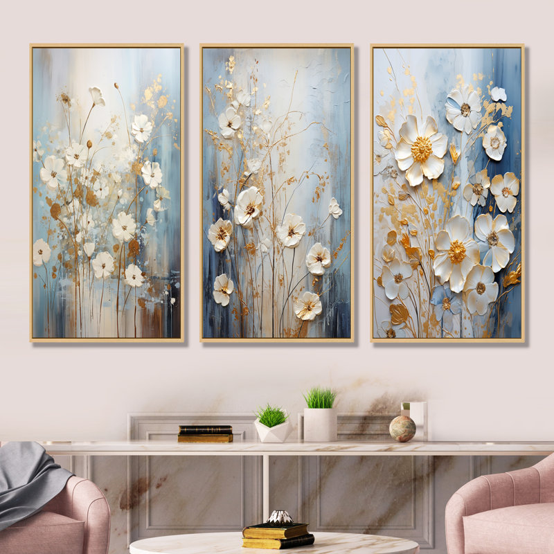 Wildflowers Botanical Beauty - Ensemble de 3 décorations murales fleurs sauvages, Cadre flottant brun, H 28 po x l 36 po