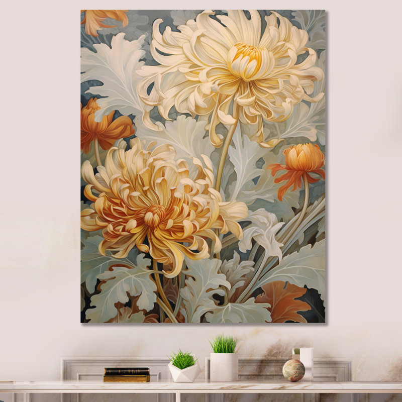 " Blooming White Orange Chrysanthemum Retro Art ", 32" H x 16" W, Natural Floater Framed