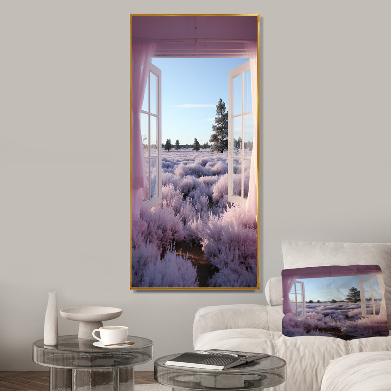 Lavande, prairie, vue de fenêtre 4 - prairie, art mural, Cadre flottant doré, H 60 po x l 28 po