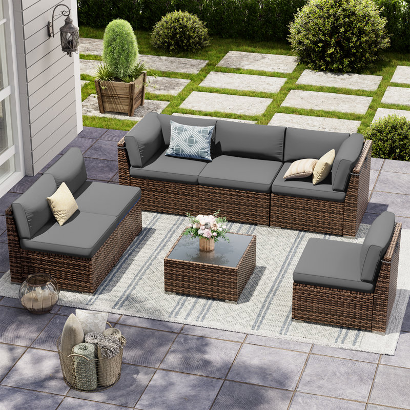 Ensemble de conversation modulaire robuste en osier PE brun pour 6 personnes, Non, gris, Brun