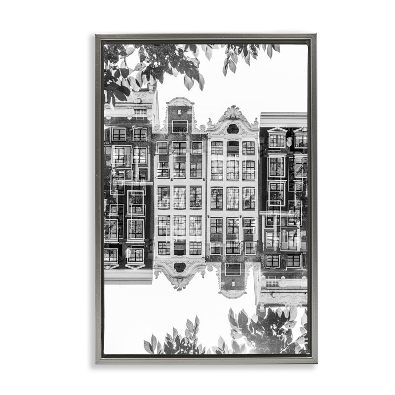 Cadre flottant réfléchi avec paysage urbain, design Robin Vandenabeele, H 25 po x l 17 po, Cadre flottant gris lustré