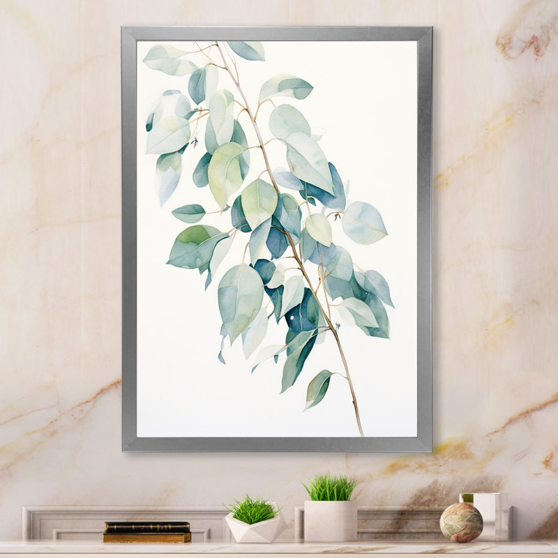 Vert, blanc, minimalisme, eucalyptus Essence III, Cadre simple argenté, H 20 po x l 12 po x P 1 po