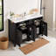 Meuble-lavabo moderne de 48 pouces avec lavabo en céramique, portes à fermeture en douceur, tiroir rabattable et décorations dorées - armoire en bois massif noir / panneau de fibres à densité moyenne pour un rangement élégant-1597929673