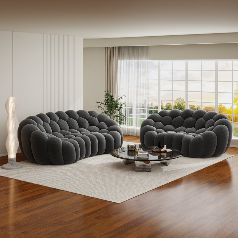 2-Piece Modern Upholstered Arc-Shaped 3D Knit Fabric Compression Living Room Set, No Assembly Required（5 Seat）, Gray