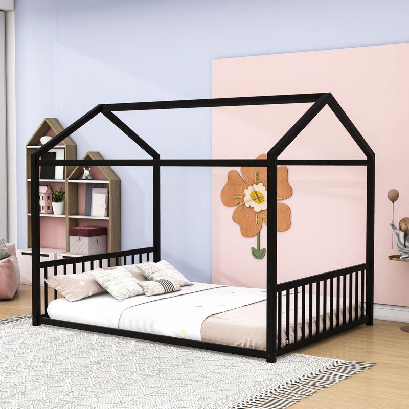 Montessori-Inspired Metal Floor Bed Frame With Roof, Black, Full
