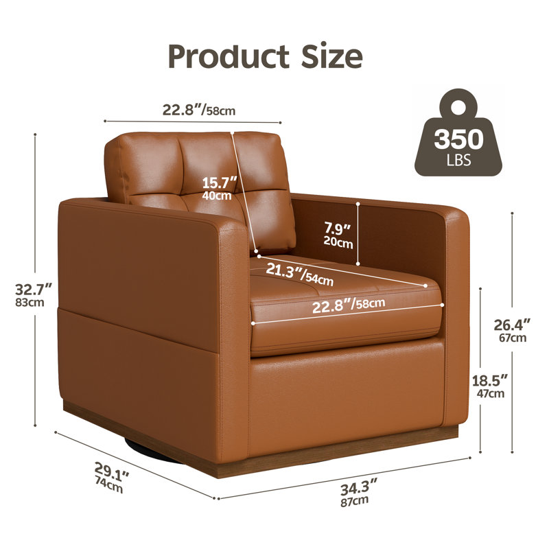 34.3″ Wide Leather Swivel Armchair With Wood Base, Brown