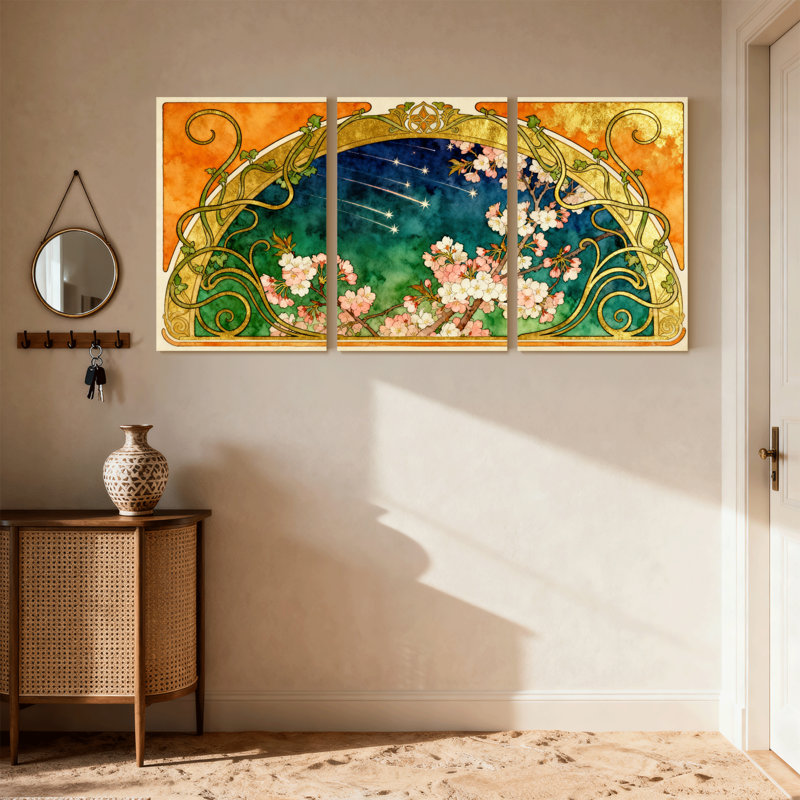 Ensemble de 3 impressions sur toile Art Nouveau Cherry Blossom and Starry Night, H 18 po x l 36 po