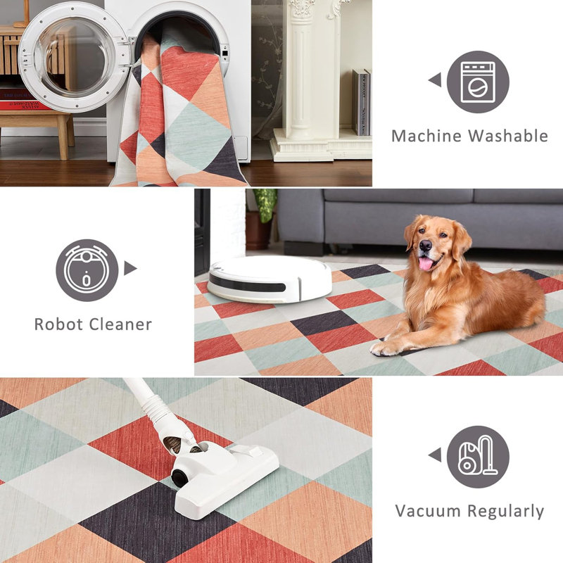Machine Washable Plaid Rug for Hallway, Kitchen, Bedroom, Living Room, , Navy & White, Abstract Geometric Design