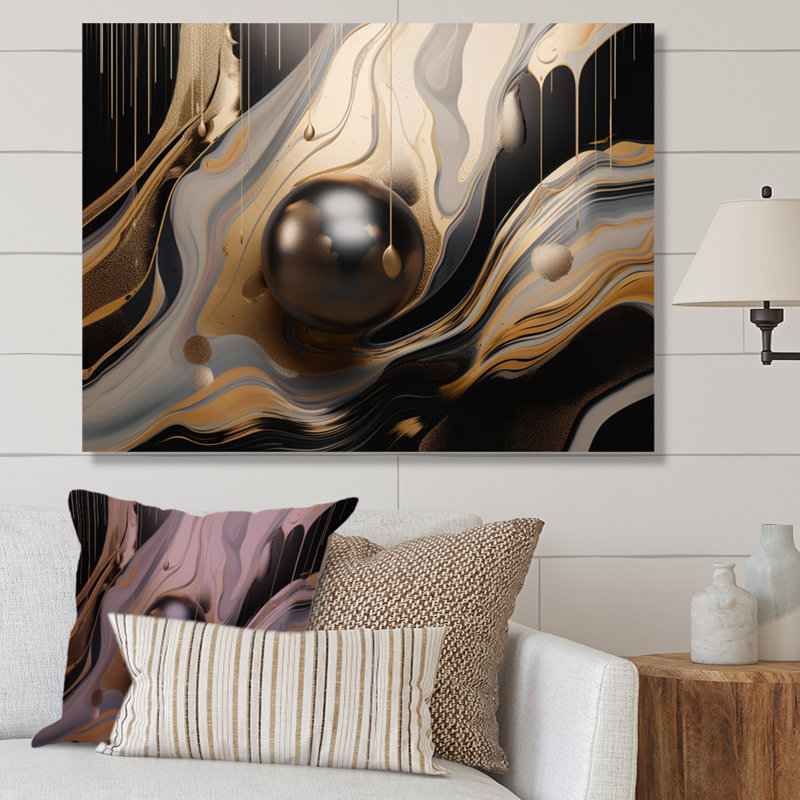 Or et noir marbré Euphoria I - impression abstraite sur toile marbrée, H 12 po x l 20 po x P 1 po, Toile tendue