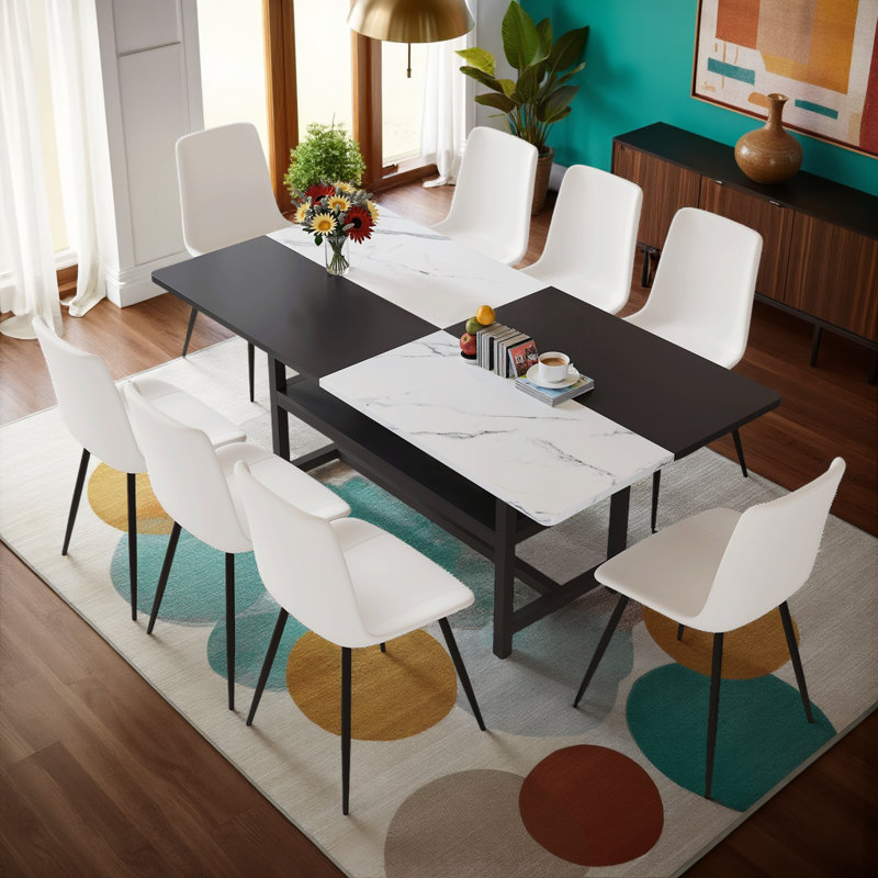 Ensemble de table de salle à manger avec tablettes de rangement 71 po, Blanc, 9