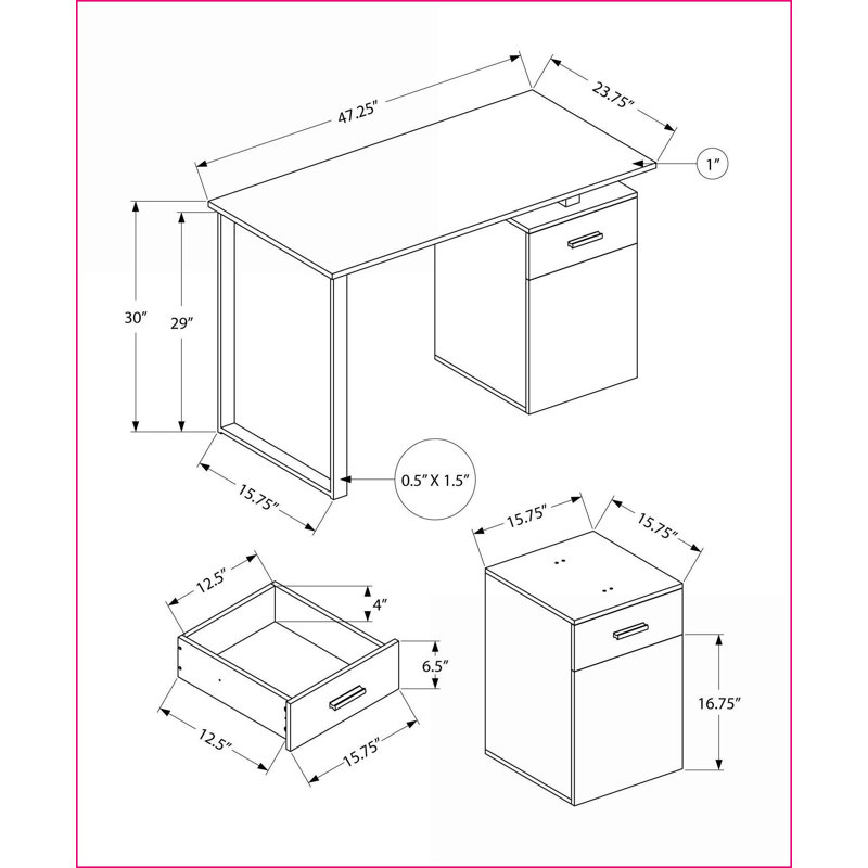 Bureaux, bureau d'ordinateur moderne de 48 po avec rangement gauche / droite, stratifié en marbre blanc et métal noir | Blanc | Panneau de particules