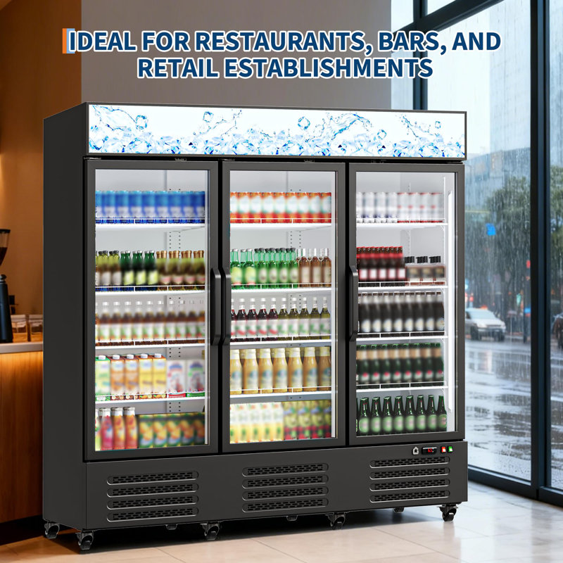 Triple Glass Door Commercial Fridge with Illuminated Display, 1538L Storage for Food and Drinks, 115V 650W, Matte Black, Yes