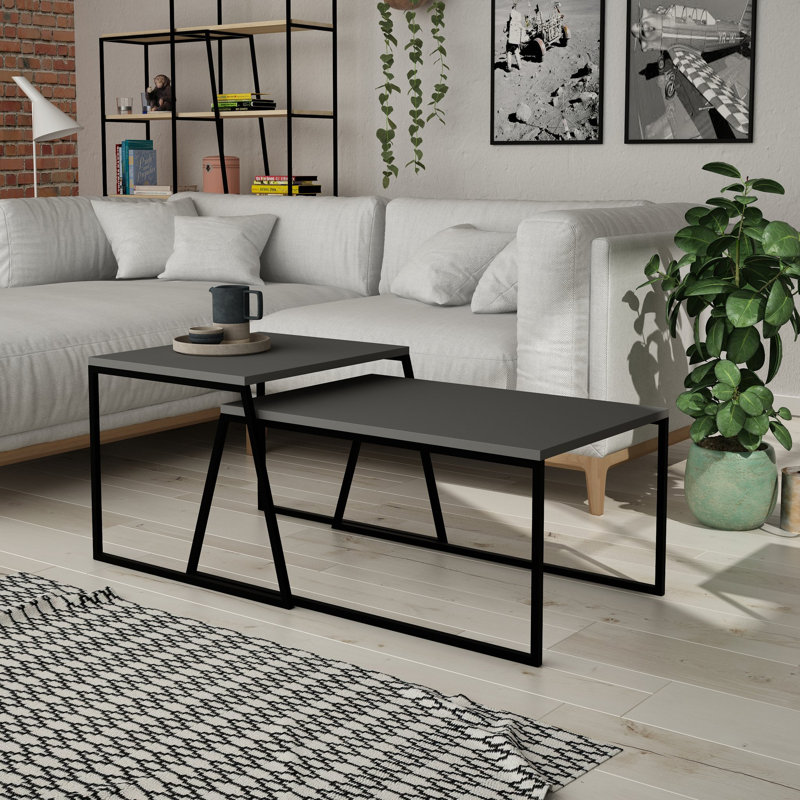 Linn Coffee Table Modern Rectangular Nesting Coffee Table Set with Metal Frame, Anthracite