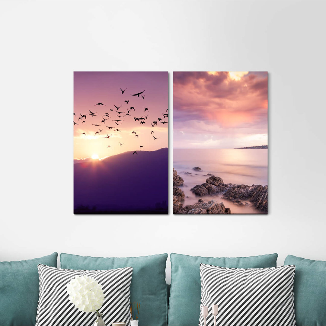 2-tlg. Leinwandbilder-Set - Grafikdruck „Swarm of Birds Mountains Sea Sunset Horizon Clouds”