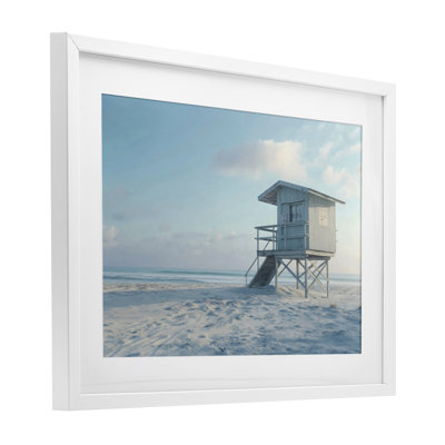 Blue And White Beach Scene Framed Print Under Glass, design by LSR Design Studio