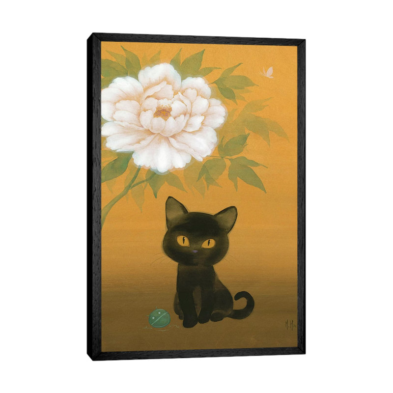 Black Cat And Peony by Martin Hsu - Print on Canvas, 66.04 cm H x 45.72 cm W, Black Framed