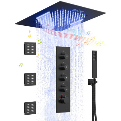 20" Ceiling-Mount LED Rainfall Shower System with Bluetooth Music, Handheld Sprayer & Thermostatic Valve