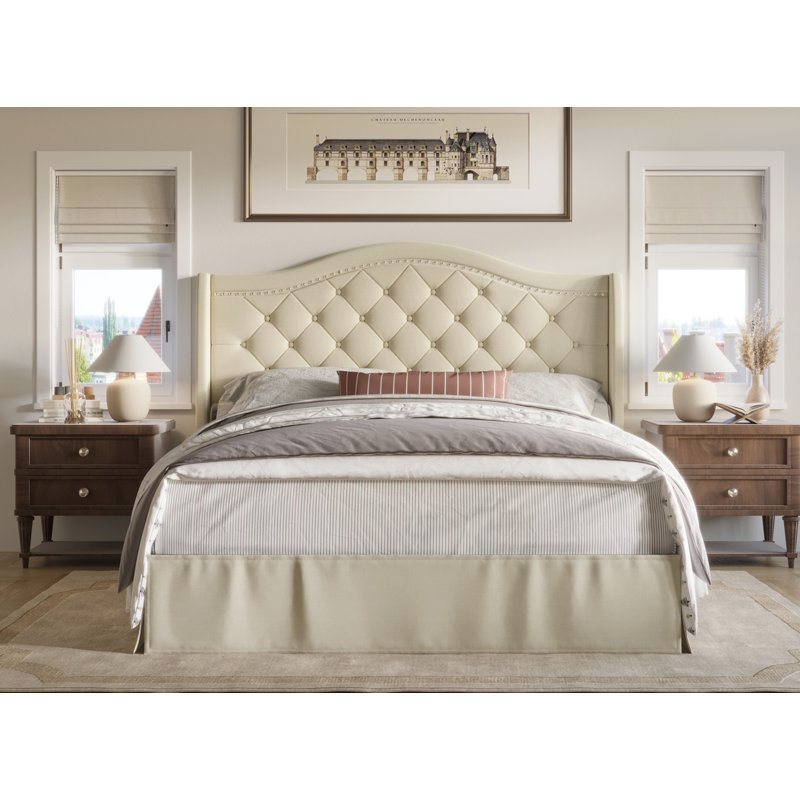 Lit plateforme tapissier Belles, Lit simple, Beige