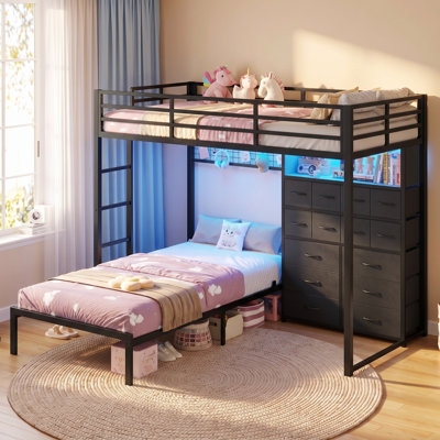 Bunk Bed Twin Over Twin with 14 Storage Drawers and Bookshelf, Black
