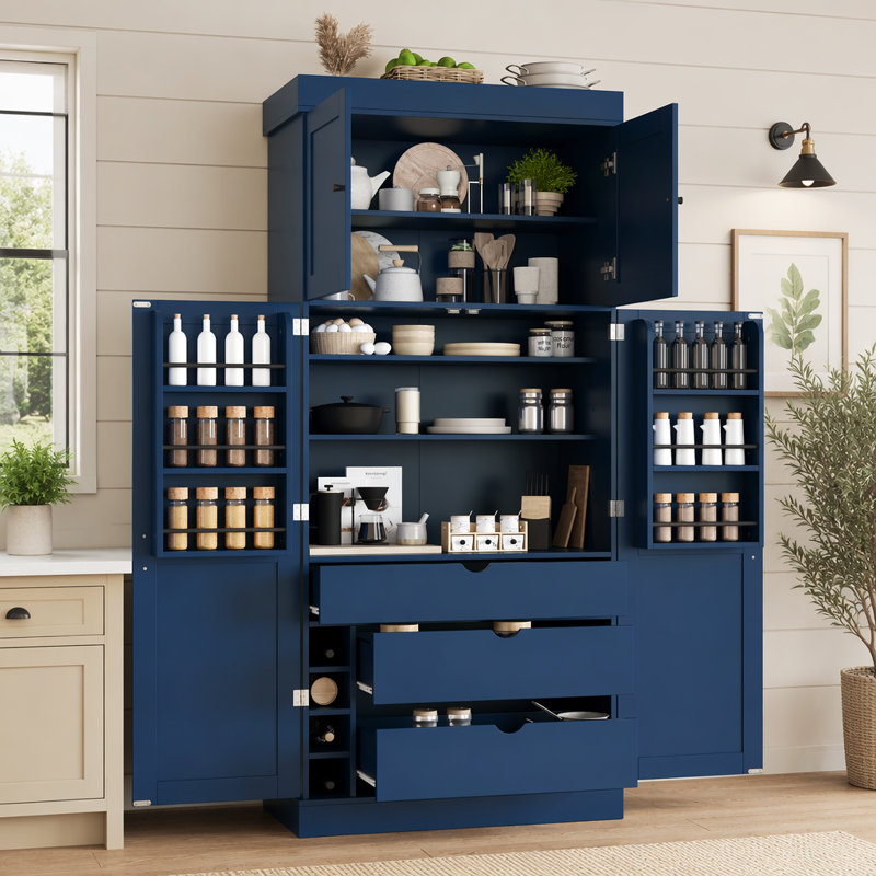 Armoire de cuisine de style shaker de 77 pouces de hauteur, armoire de rangement autoportante avec porte-bouteilles Dispositif anti-basculement de prise de courant intégré pour la salle à manger de cuisine