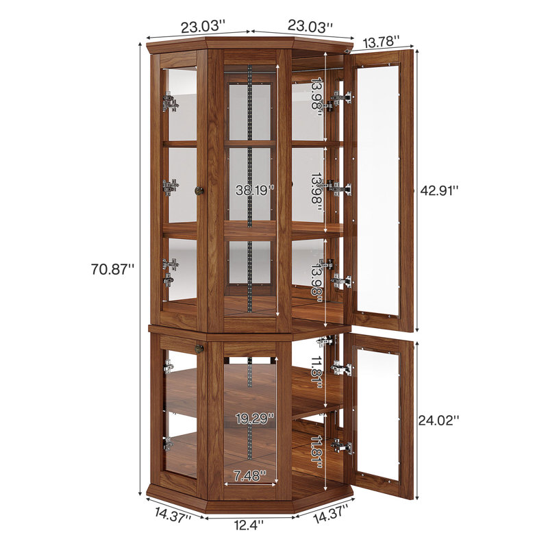 71" Tall Corner Cabinet with Multi-Colour LED Lights, 5-Tier Corner Display Cabinet with Doors