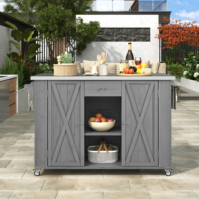 Îlot de cuisine extérieur en bois de sapin avec plateau en acier inoxydable, Gris