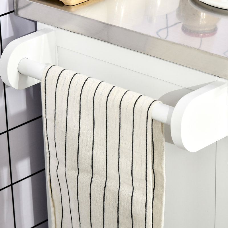Chariot de rangement roulant de cuisine avec surface en acier inoxydable, tiroir, barre à serviettes, support à épices et espace utilitaire, comptoir de support blanc, support, capacité,