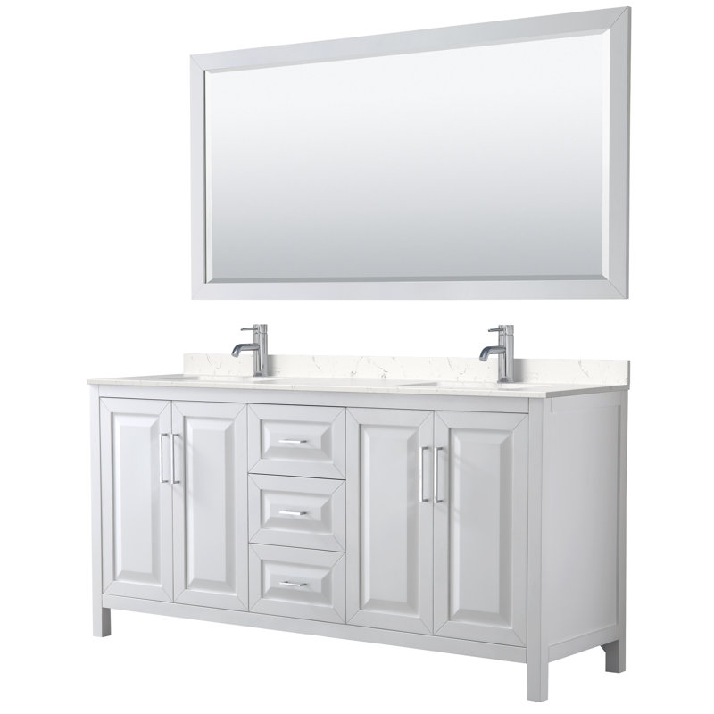 Daria 72'' Double Bathroom Vanity with Carrara Marble Top, White, Carrara Cultured Marble, Polished Chrome