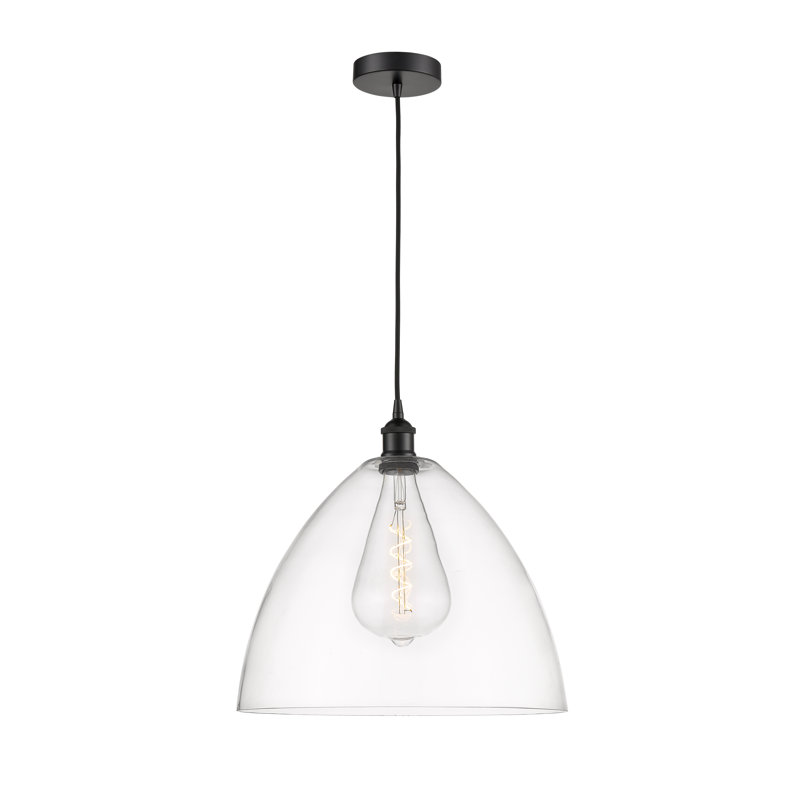 Luminaire suspendu en forme de dôme à 1 lumière Bluford, H 17,75 po x l 16 po x P 16 po, Transparent, Noir mat