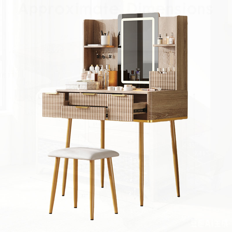 Bureau de coiffeuse à 4 tiroirs avec miroir à DEL et détails sculptés, table de maquillage cannelée avec pieds en métal et tabouret en polyuréthane, coiffeuse sculptée avec rangement pour bijoux pour la chambre à coucher