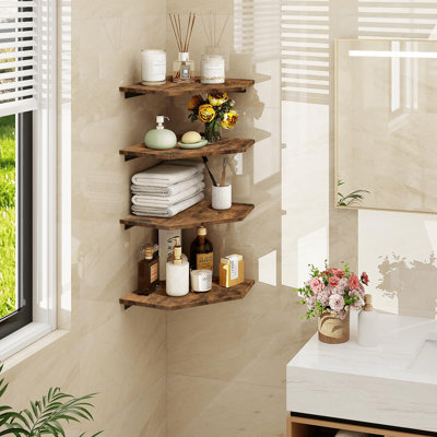 Set Of 4 Heavy Duty Rustic Corner Shelves With Cable Management - Ideal For Stylish Storage