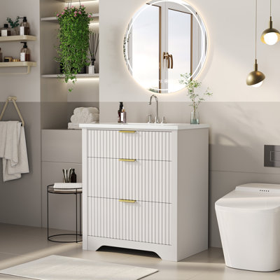 Modern Fluted Bathroom Vanity with Basin – Freestanding Cabinet, 2 Soft-Close Drawers, 1 Rotating-Down Drawer, Easy Assembly & Cleaning, Single Basin, 30 Inch