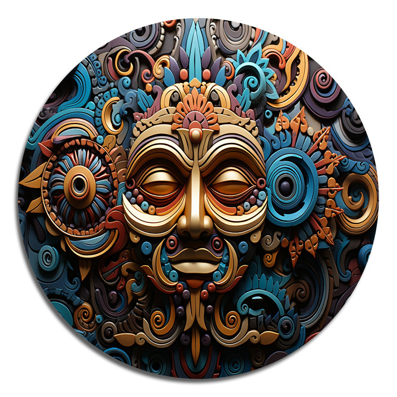 Masque aztèque vibrant I / Teal Mexico, H 16 po x l 16 po