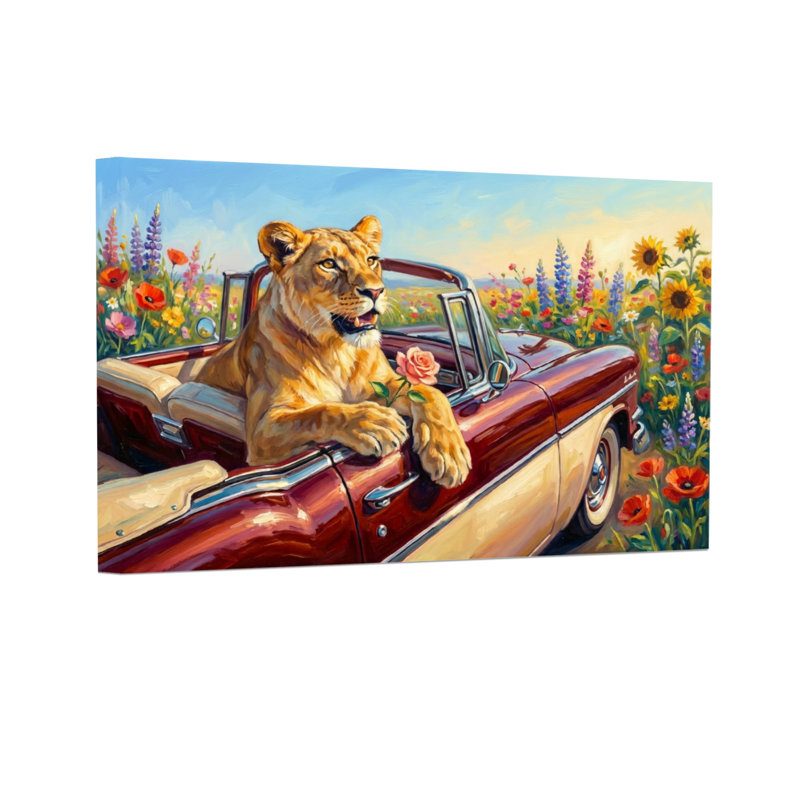 Animaux lion dans un champ de fleurs de voiture classique, H 12 po x l 18 po