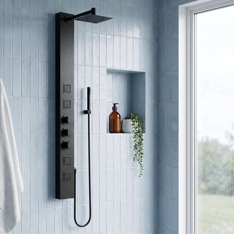 Panneau de douche 58,06 po Sutton avec pomme de douche fixe, Noir mat