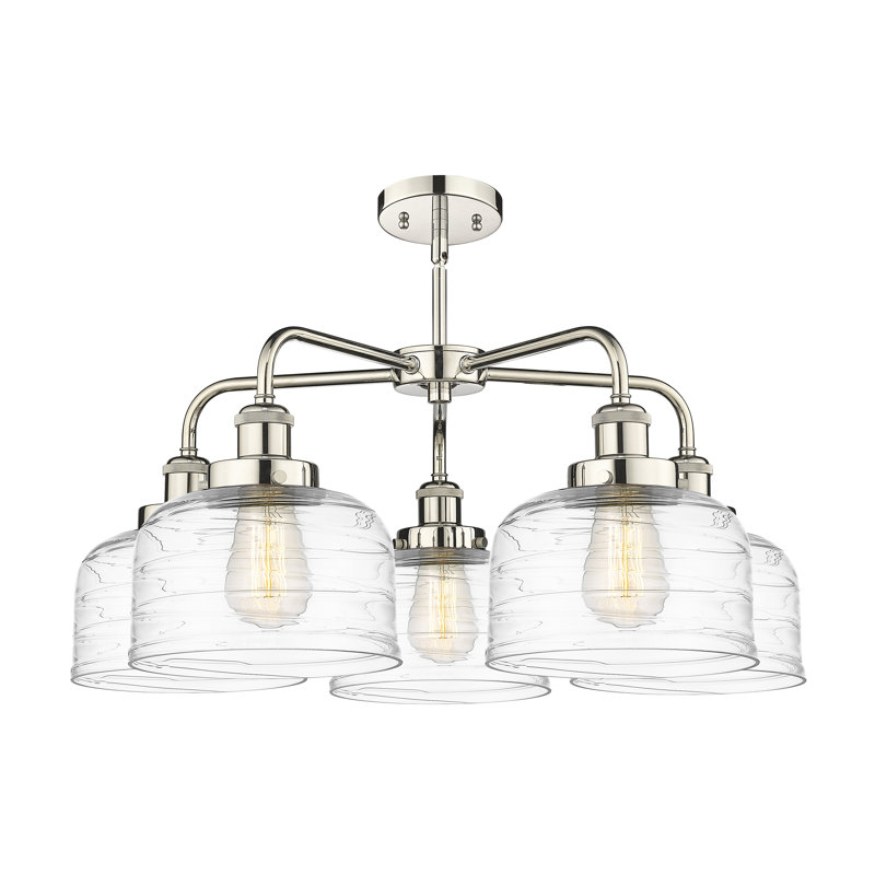 Lustre en verre à 5 lumières Bell, Tourbillon déco transparent, Nickel poli