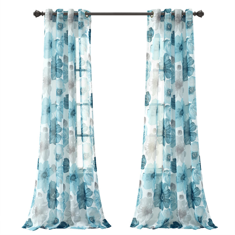 Leah Blue Floral Sheer Polyester Window Curtain Panels