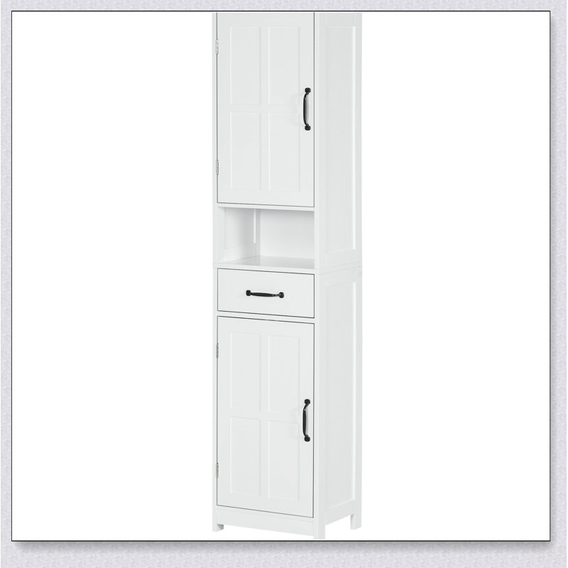 Armoire de rangement mince pour salle de bain avec tablette ouverte, tiroir et portes encastrées pour une organisation efficace et un gain de place