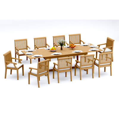 13 Pcs Grade-A Teak Wood Dining Set: 118" Double Extension Mas Rectangle Trestle Leg Table  Sack Arm Chairs #11SK2512
