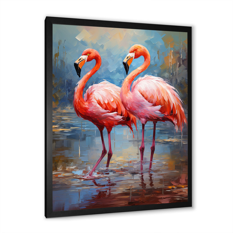 «Flamingo Beach Couple II» - art mural bord de mer tropical, Cadre simple noir, H 32 po x l 24 po x P 1 po