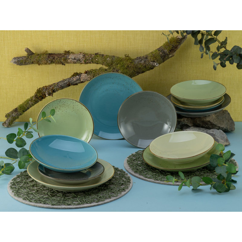 12-Piece Nature Collection Stoneware Crockery Set For 4 People, Green/Grey