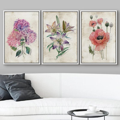 Flower Blossom Pastel Watercolor Lily Daisy Flowers - 3 Piece Print Set on Canvas