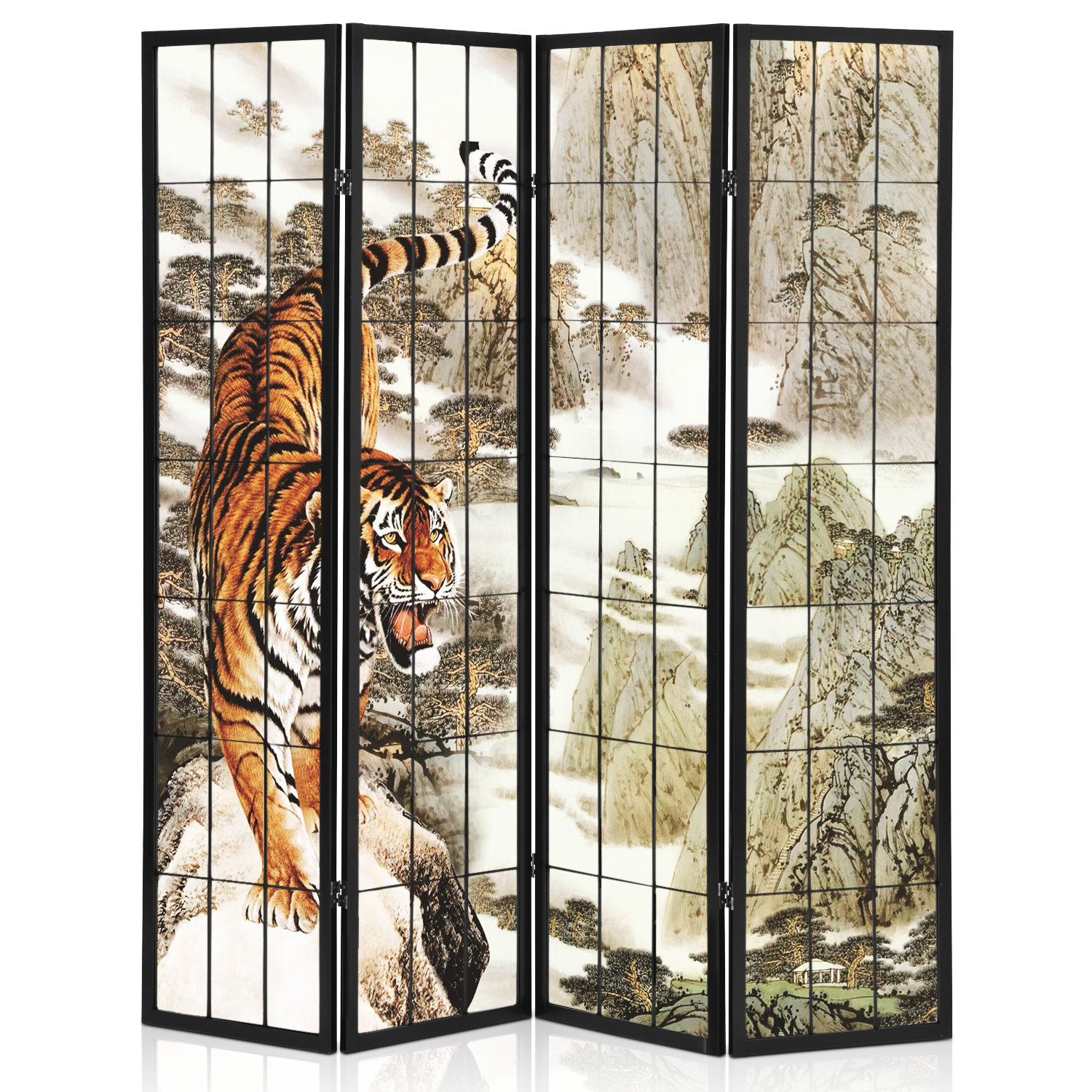 Trinx Antonella 4Panel Wooden Folding Room Divider Tiger Pattern Wall Separator Free Standing